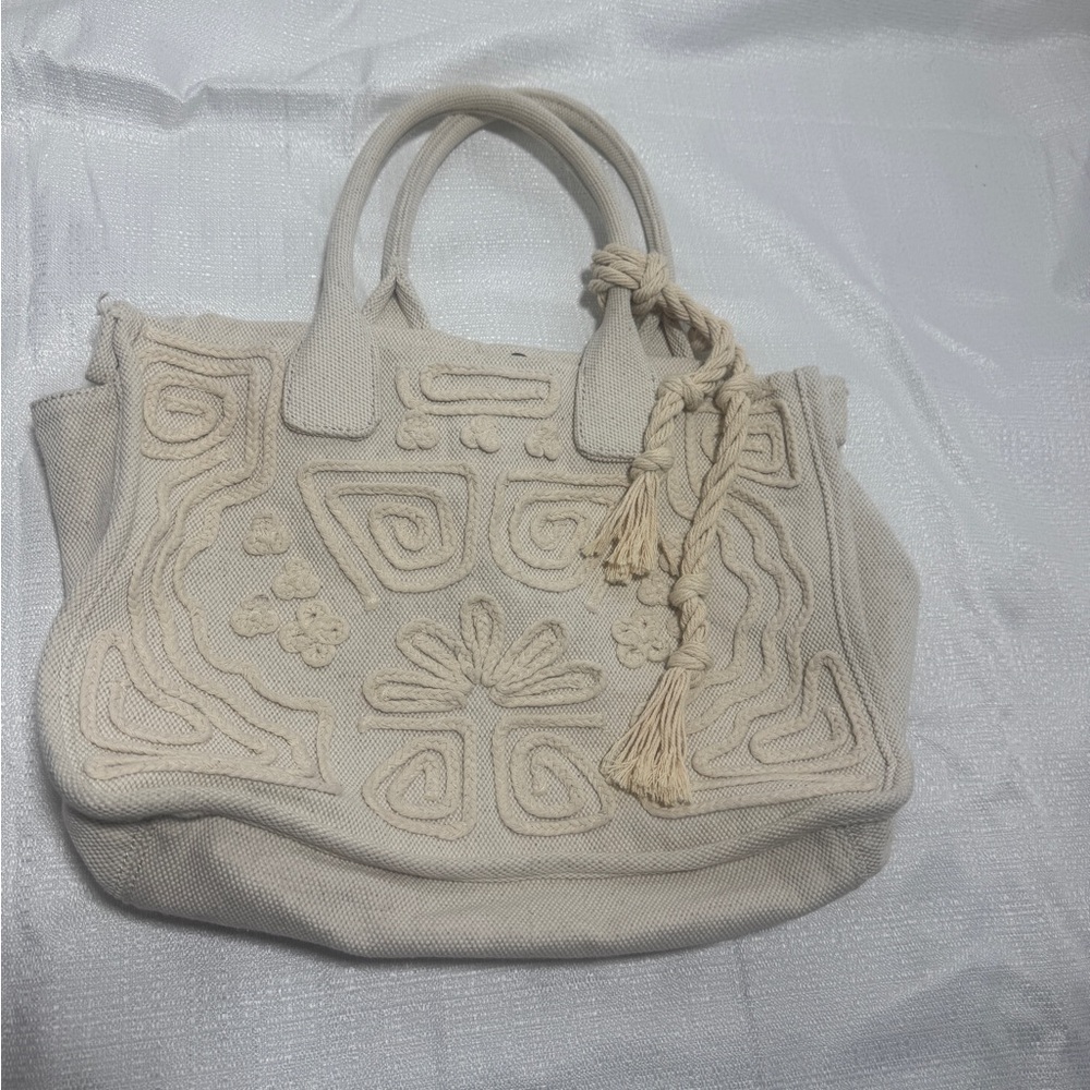 Vince Camuto Beige Canvas Embroidered Boho Tote Bag